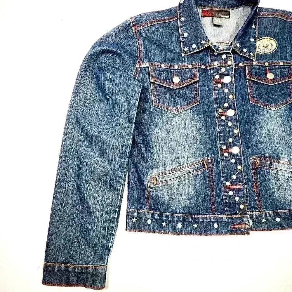NEESO London Women's Jean Jacket L Metal Studs Patches Red New York Retro Y2K - Picture 15 of 16
